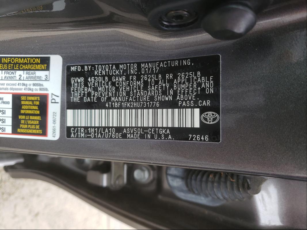 Photo 10 from auction – 2017 TOYOTA CAMRY LE with VIN 4T1BF1FK2HU731776