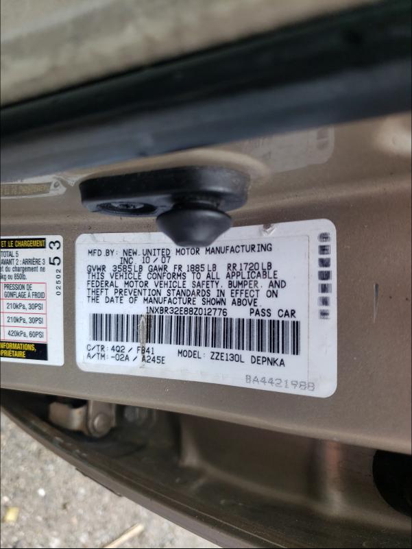 Photo 10 from auction – 2008 TOYOTA COROLLA CE with VIN 1NXBR32E88Z012776