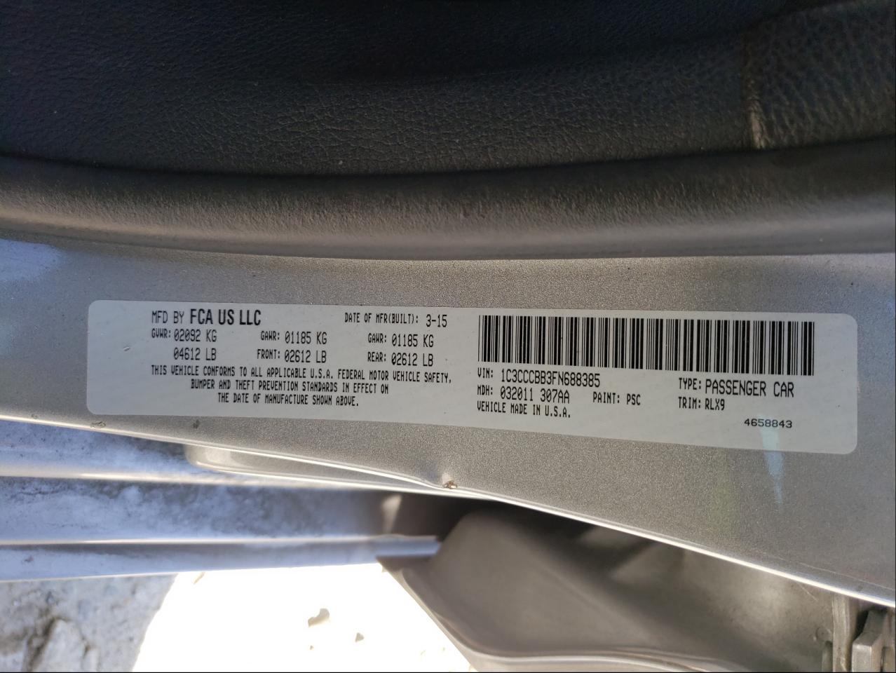 Photo 10 from auction – 2015 CHRYSLER 200 S with VIN 1C3CCCBB3FN688385