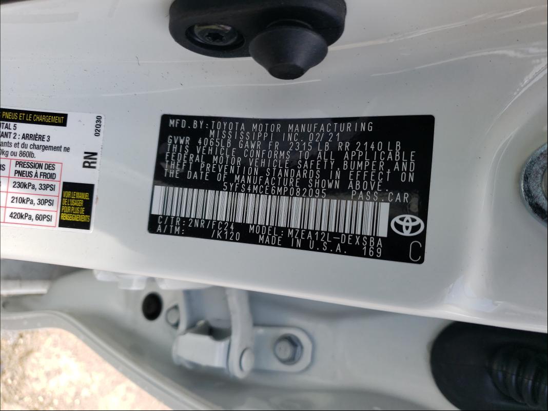 Photo 10 from auction – 2021 TOYOTA COROLLA SE with VIN 5YFS4MCE6MP082095