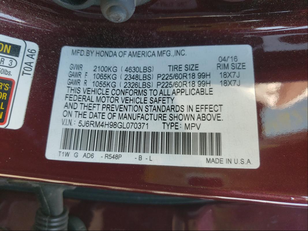 Photo 10 from auction – 2016 HONDA CR-V with VIN 5J6RM4H98GL070371