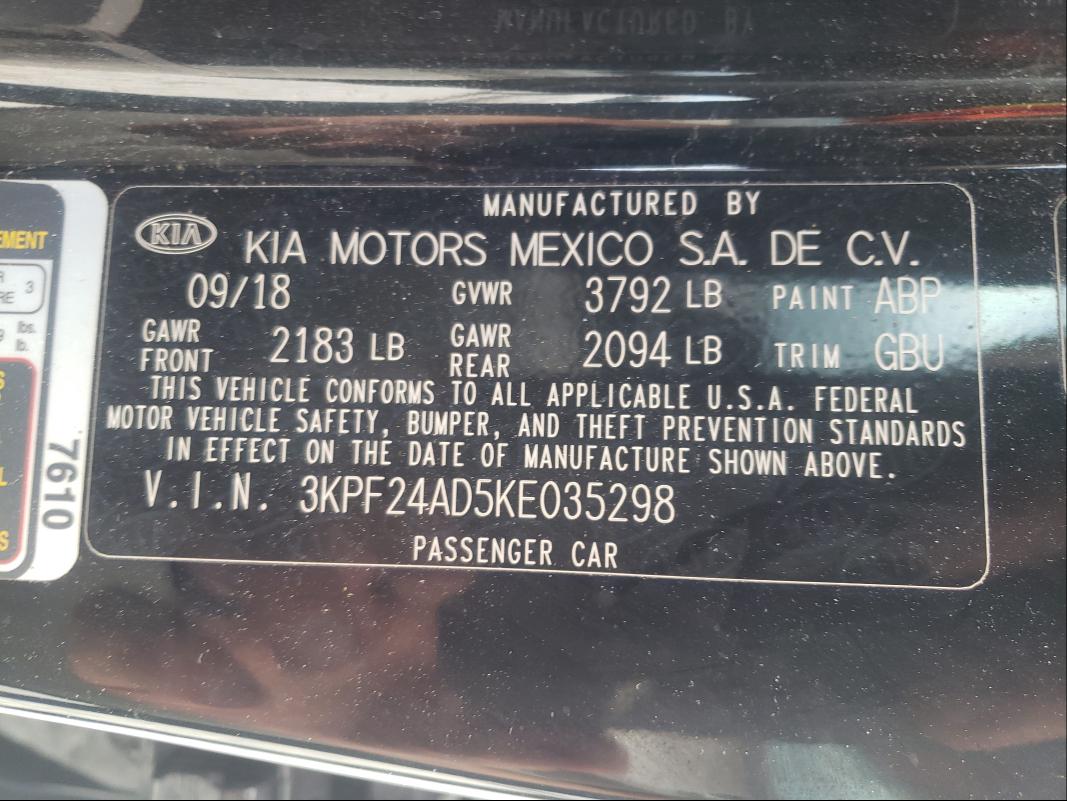 Photo 10 from auction – 2019 KIA FORTE FE with VIN 3KPF24AD5KE035298