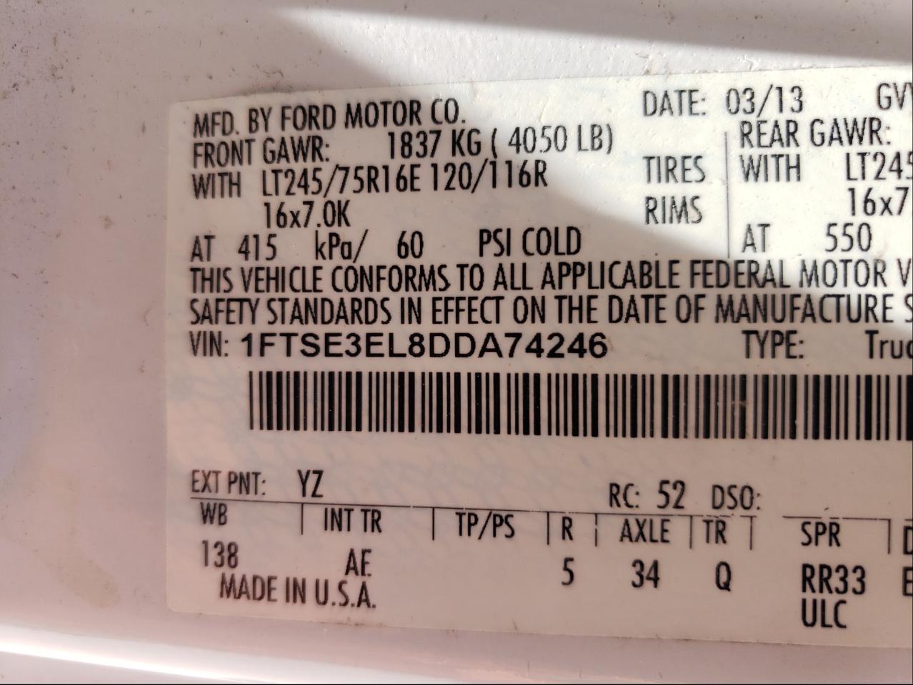 Photo 10 from auction – 2013 FORD ECONOLINE with VIN 1FTSE3EL8DDA74246