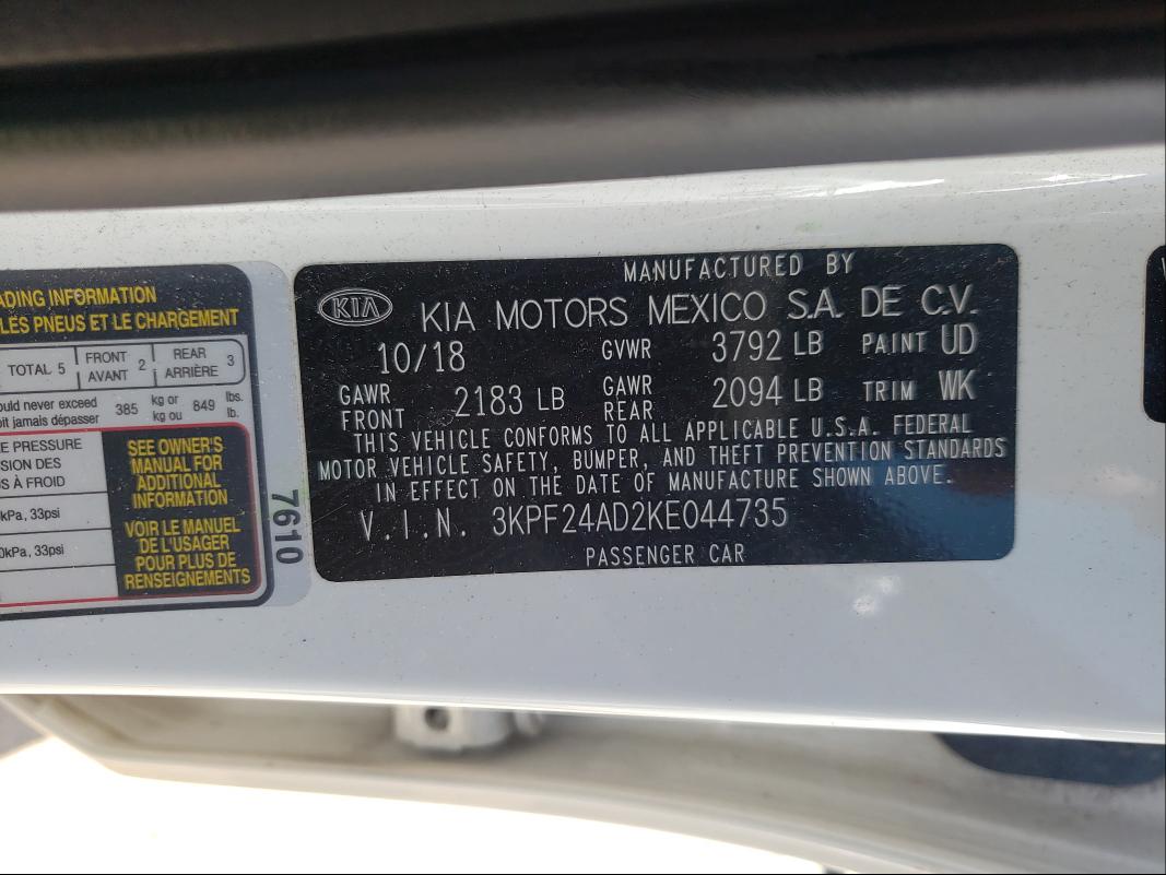 Photo 10 from auction – 2019 KIA FORTE FE with VIN 3KPF24AD2KE044735