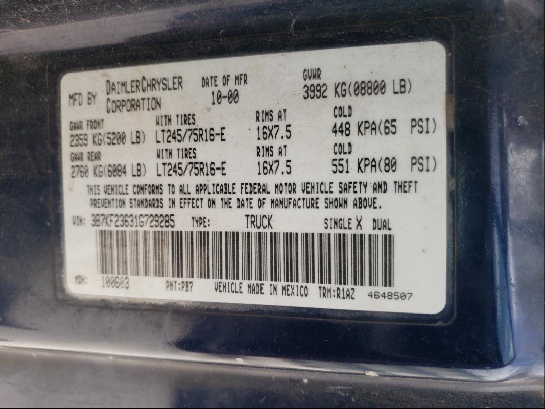 Photo 10 from auction – 2001 DODGE RAM 2500 with VIN 3B7KF23631G729285