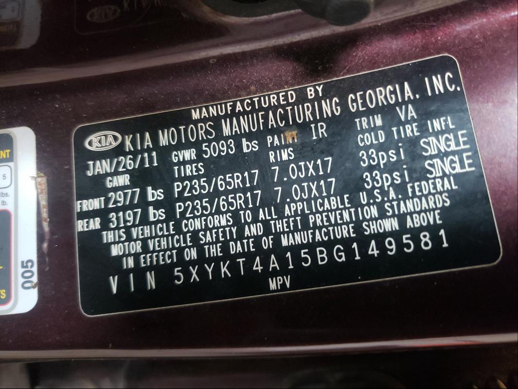 Photo 10 from auction – 2011 KIA SORENTO BA with VIN 5XYKT4A15BG149581