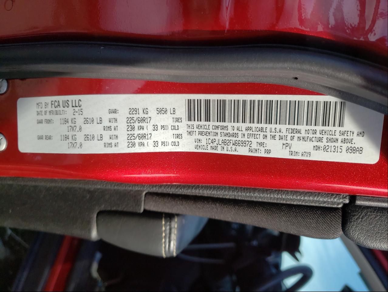 Photo 10 from auction – 2015 JEEP CHEROKEE S with VIN 1C4PJLAB2FW669972