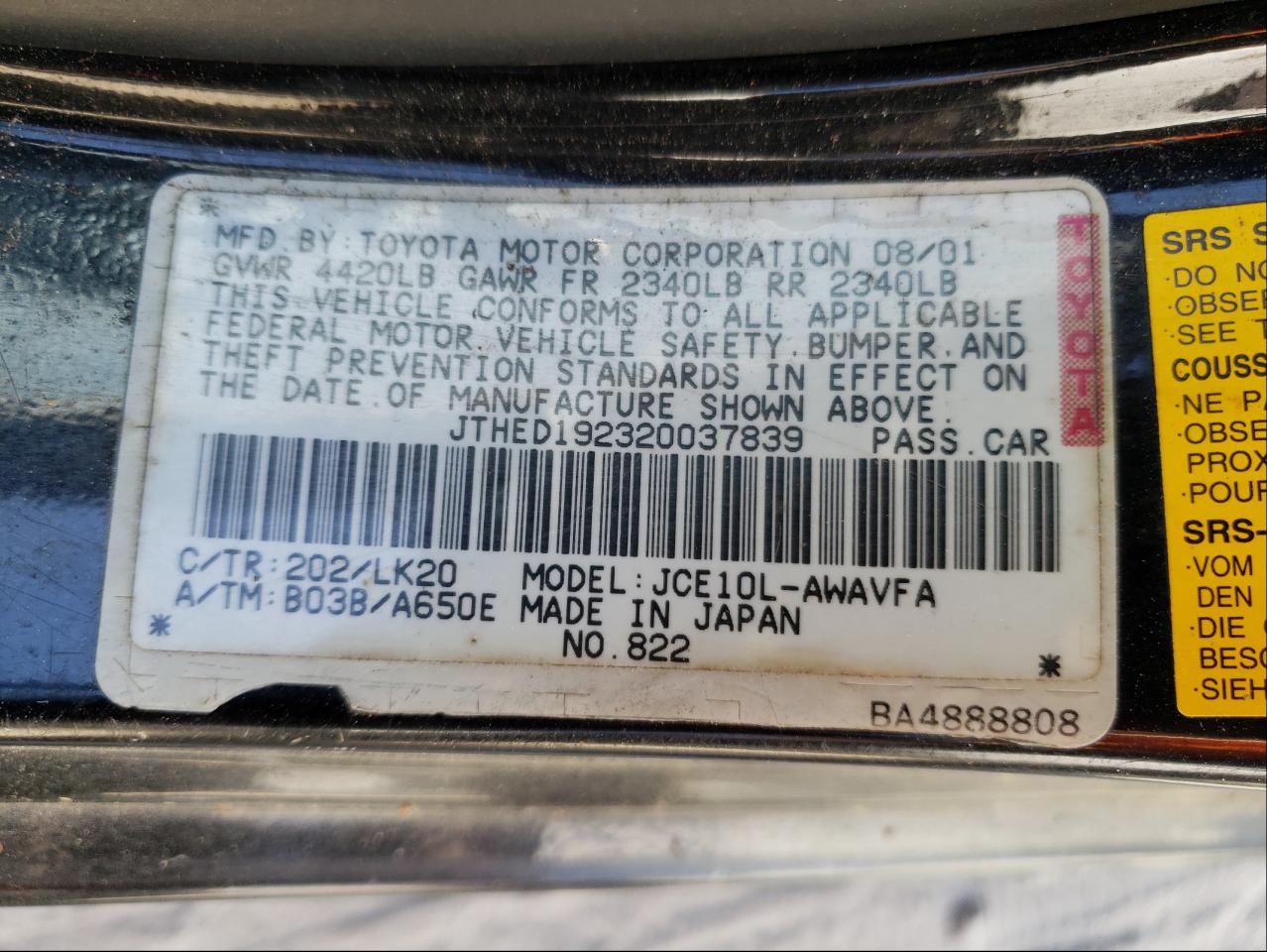 Photo 10 from auction – 2002 LEXUS IS 300 SPO with VIN JTHED192320037839