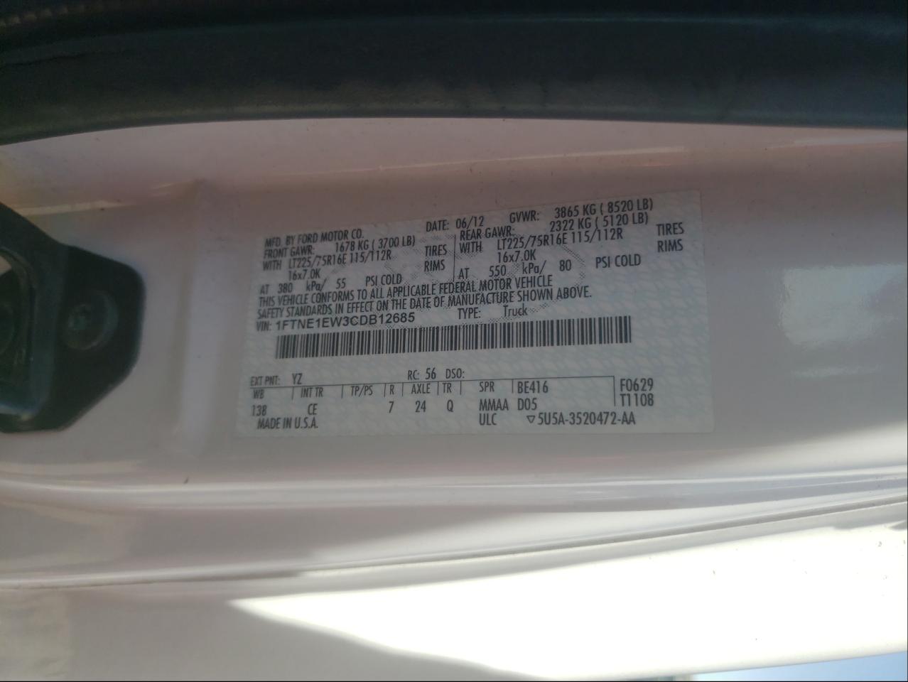 Photo 10 from auction – 2012 FORD ECONOLINE with VIN 1FTNE1EW3CDB12685