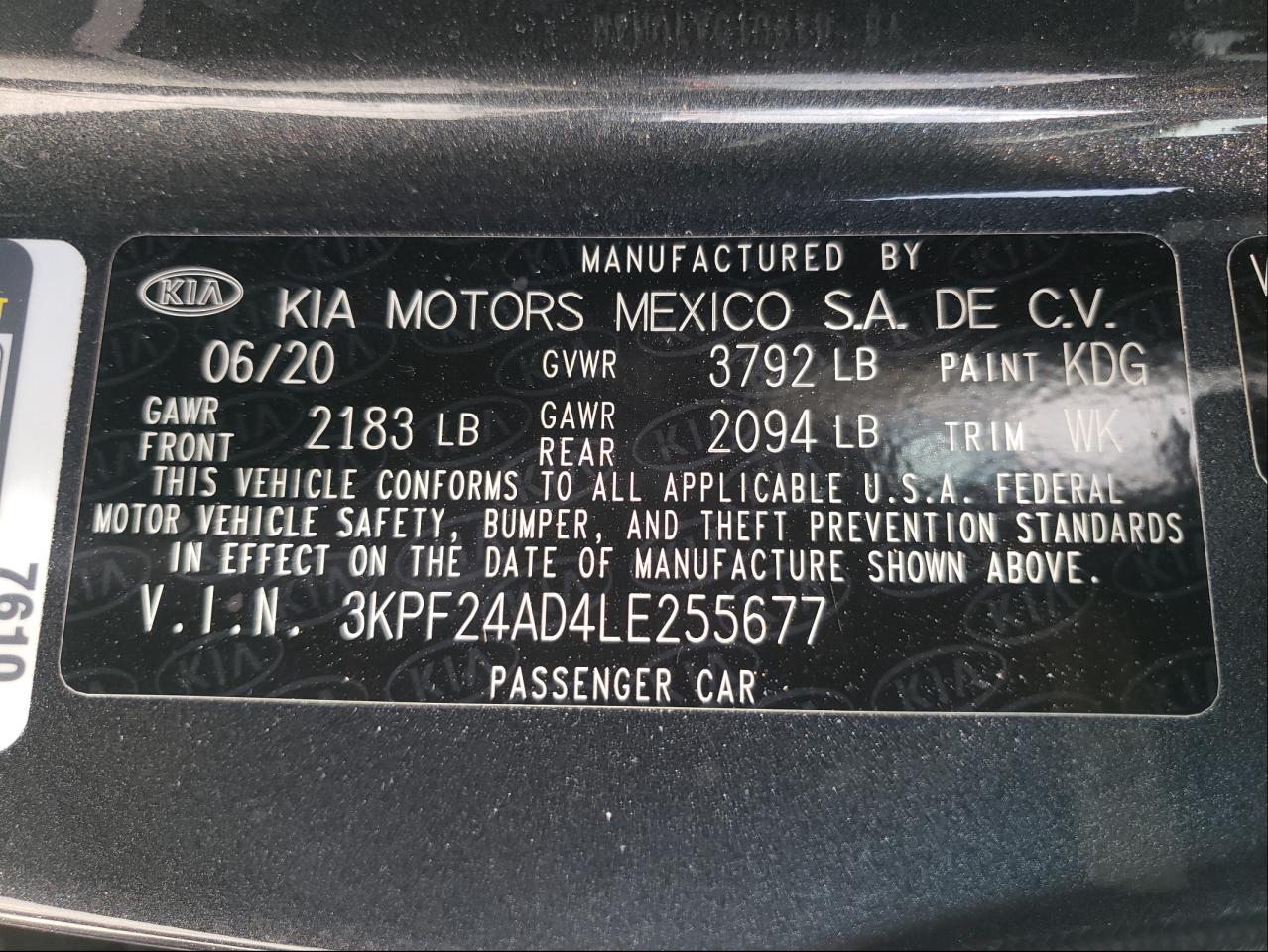 Photo 10 from auction – 2020 KIA FORTE FE with VIN 3KPF24AD4LE255677