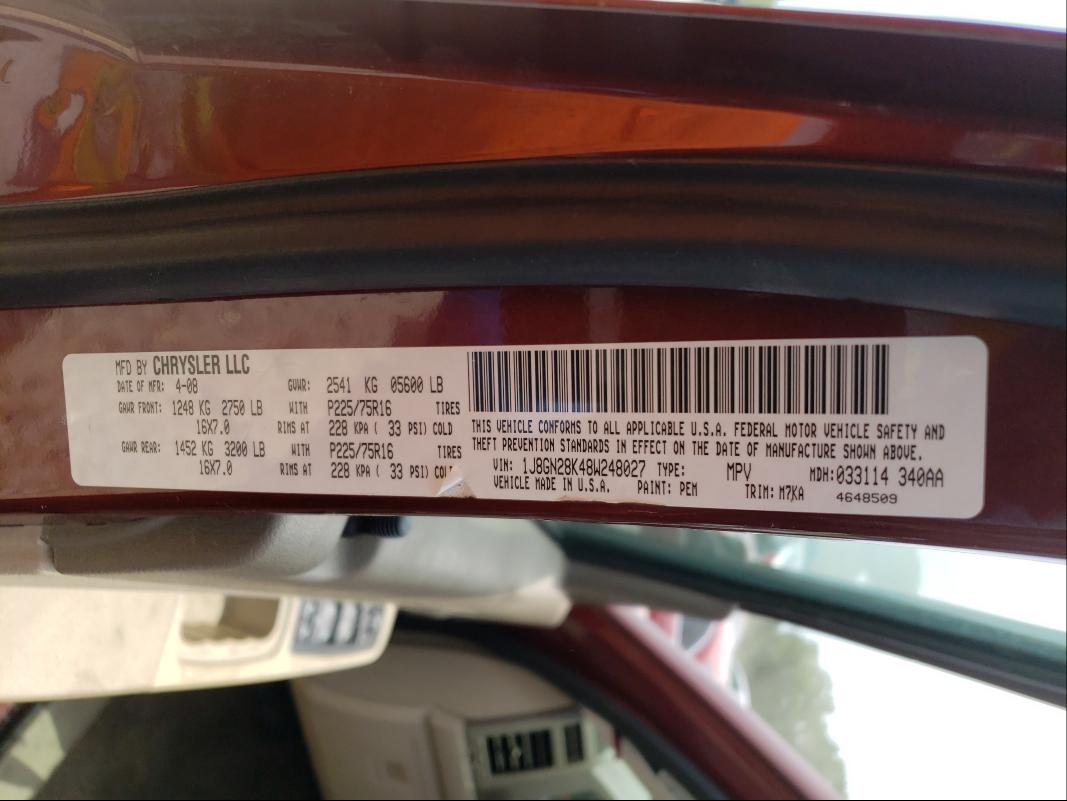 Photo 10 from auction – 2008 JEEP LIBERTY SP with VIN 1J8GN28K48W248027