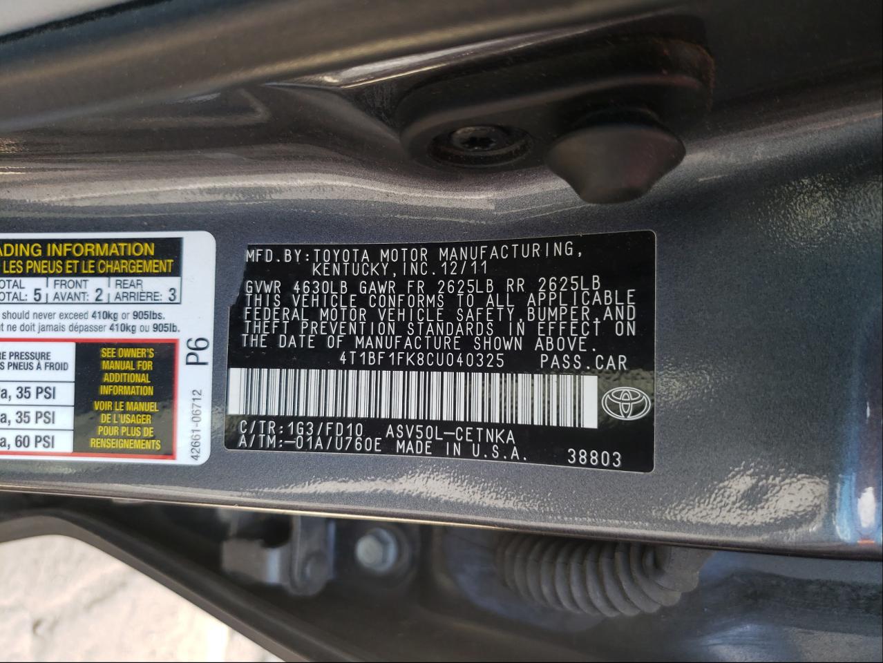 Photo 10 from auction – 2012 TOYOTA CAMRY BASE with VIN 4T1BF1FK8CU040325