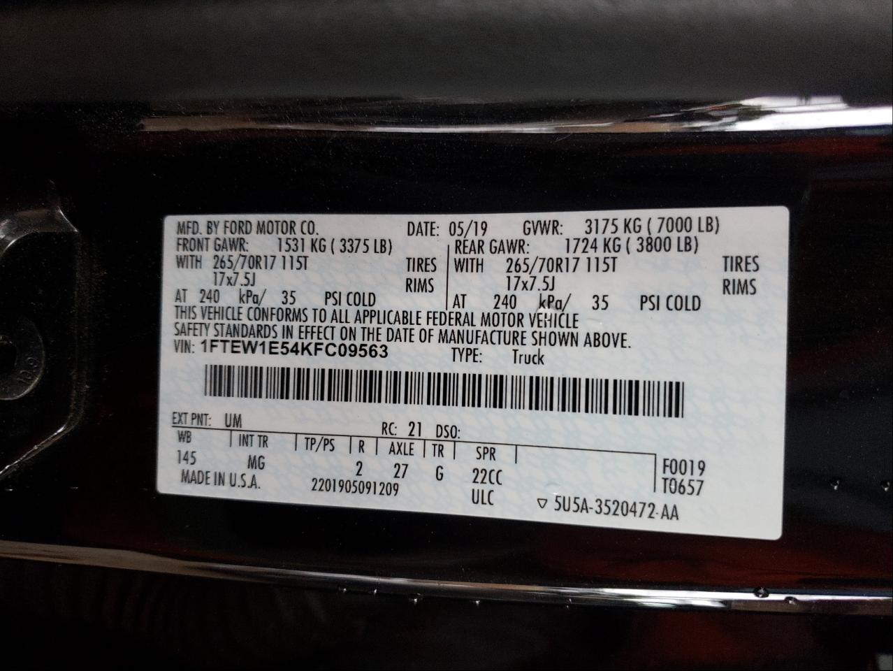 Photo 10 from auction – 2019 FORD F150 SUPER with VIN 1FTEW1E54KFC09563