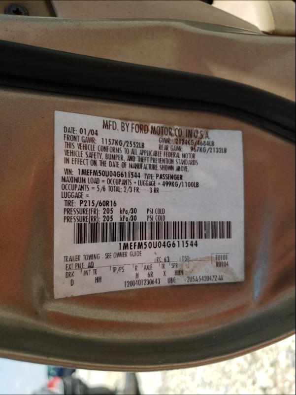 Photo 10 from auction – 2004 MERCURY SABLE GS with VIN 1MEFM50U04G611544