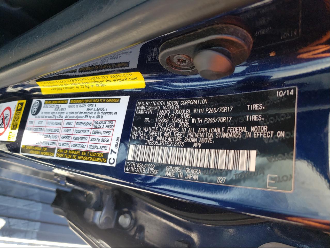 Photo 10 from auction – 2015 TOYOTA 4RUNNER SR with VIN JTEBU5JR1F5213473