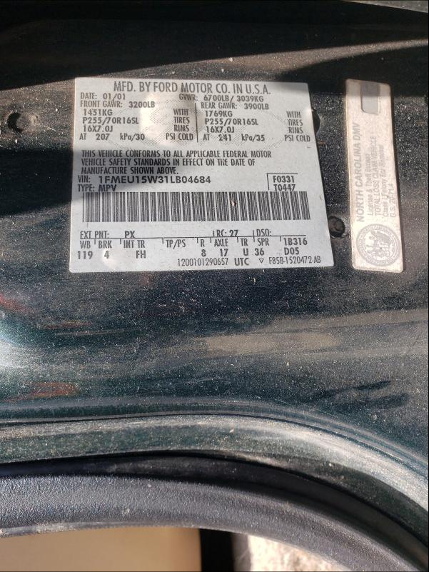 Photo 10 from auction – 2001 FORD EXPEDITION with VIN 1FMEU15W31LB04684