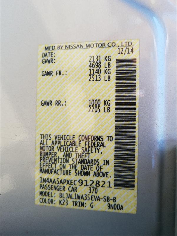 Photo 10 from auction – 2014 NISSAN MAXIMA S with VIN 1N4AA5APXEC912821