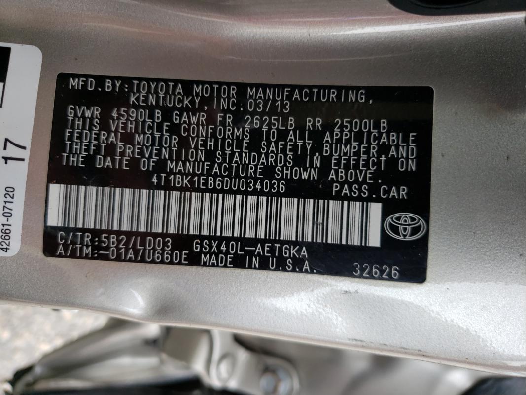 Photo 10 from auction – 2013 TOYOTA AVALON BAS with VIN 4T1BK1EB6DU034036