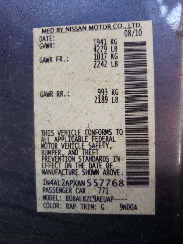 Photo 10 from auction – 2010 NISSAN ALTIMA BAS with VIN 1N4AL2APXAN557768