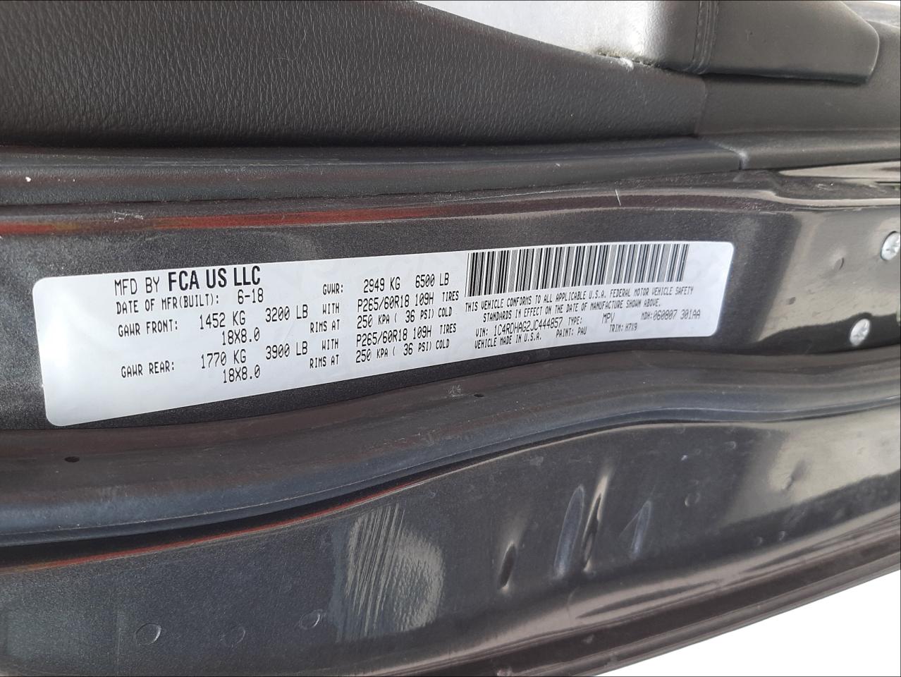 Photo 10 from auction – 2018 DODGE DURANGO SX with VIN 1C4RDHAG2JC444857