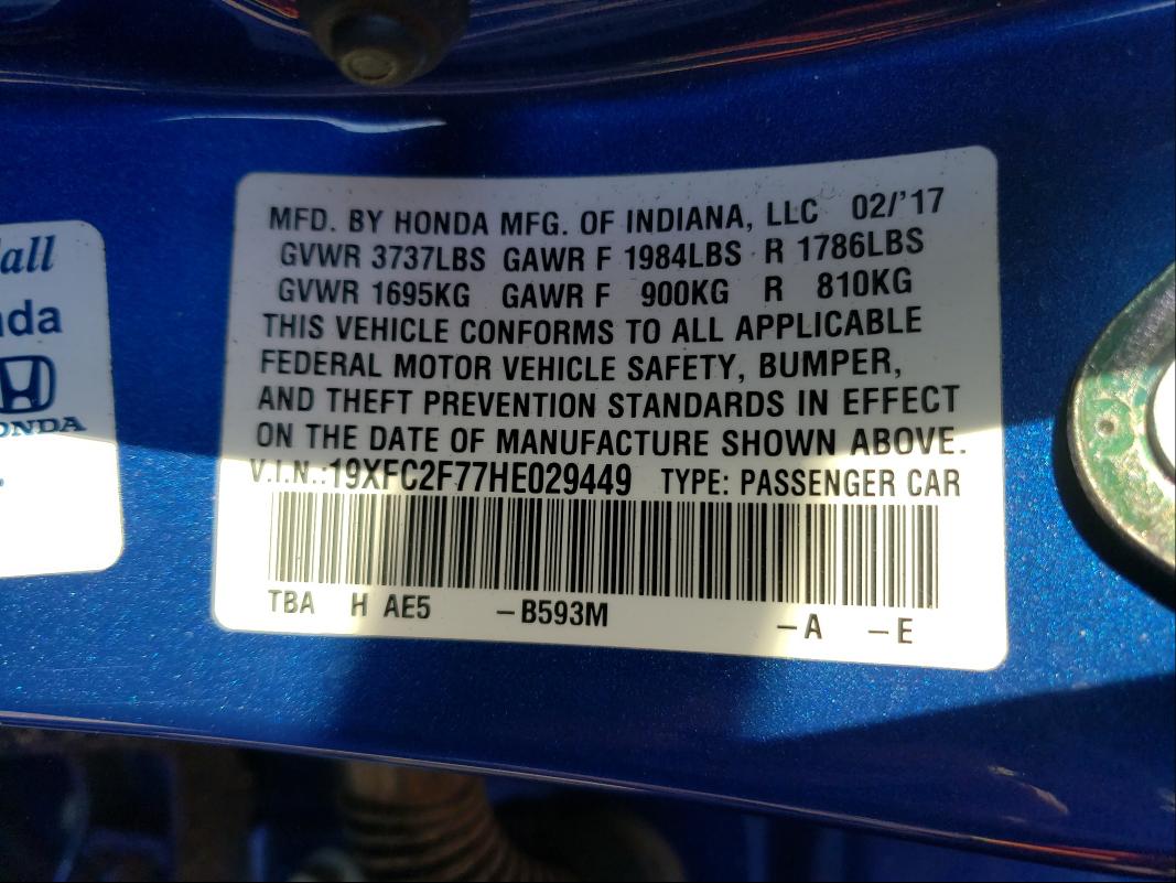 Photo 10 from auction – 2017 HONDA CIVIC EX with VIN 19XFC2F77HE029449