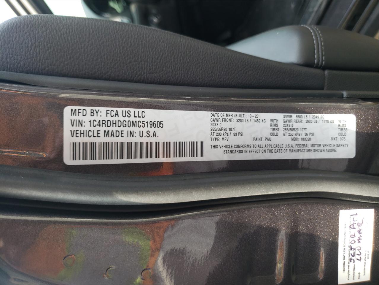 Photo 10 from auction – 2021 DODGE DURANGO GT with VIN 1C4RDHDG0MC519605