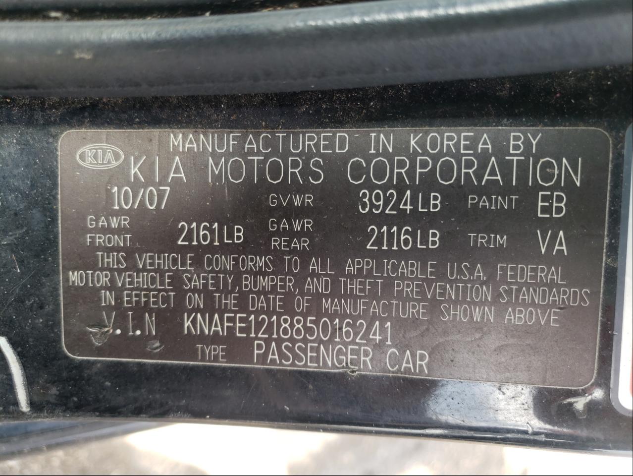 Photo 10 from auction – 2008 KIA SPECTRA EX with VIN KNAFE121885016241