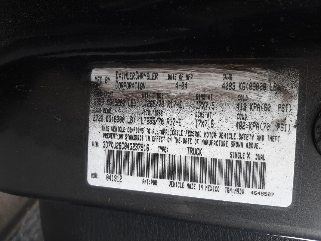 Photo 10 from auction – 2004 DODGE RAM 2500 S with VIN 3D7KU28C84G237916