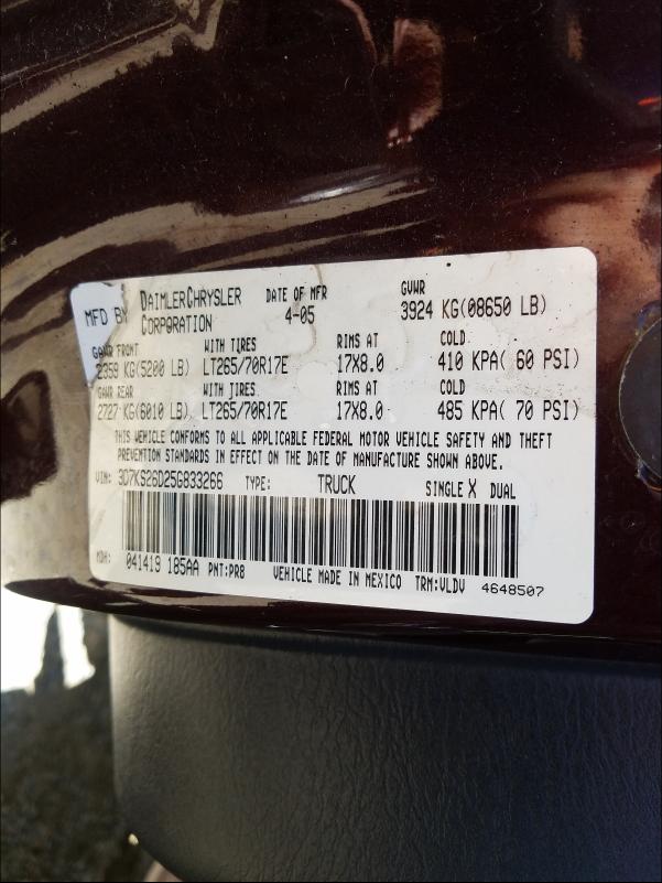 Photo 10 from auction – 2005 DODGE RAM 2500 S with VIN 3D7KS26D25G833266