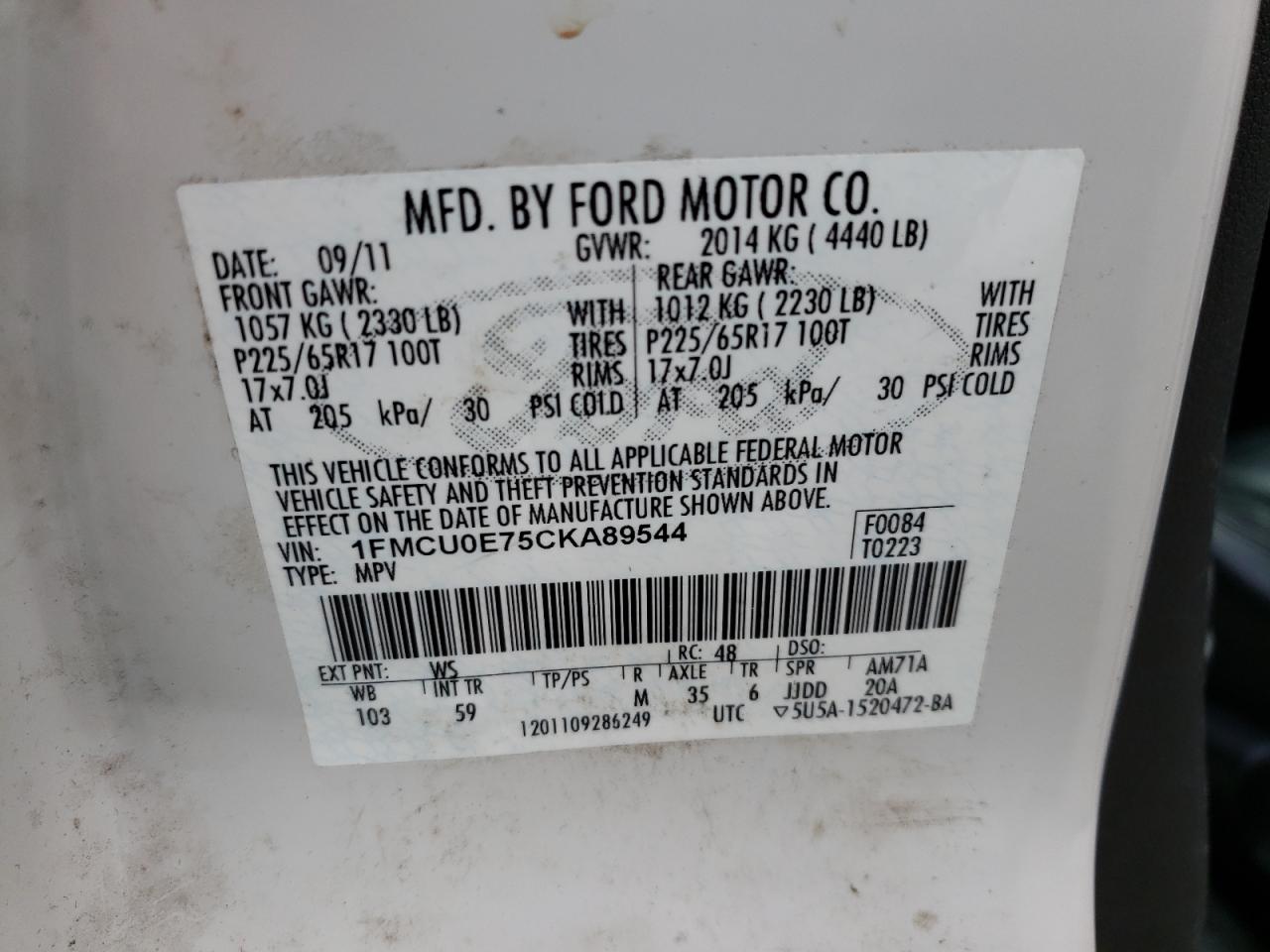 Photo 10 from auction – 2012 FORD ESCAPE LIM with VIN 1FMCU0E75CKA89544
