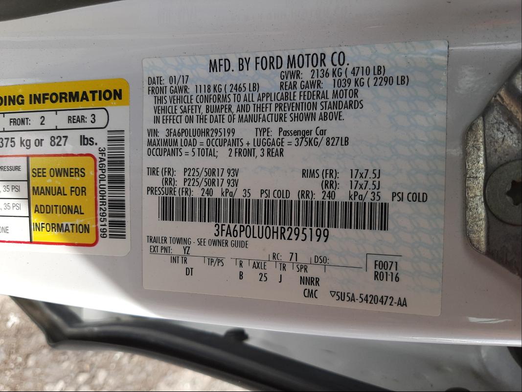 Photo 10 from auction – 2017 FORD FUSION SE with VIN 3FA6P0LU0HR295199