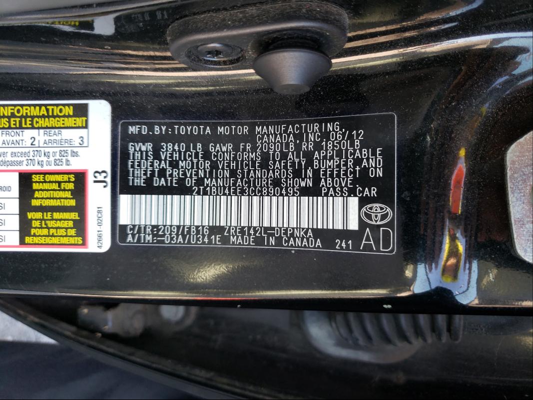 Photo 10 from auction – 2012 TOYOTA COROLLA BA with VIN 2T1BU4EE3CC890495