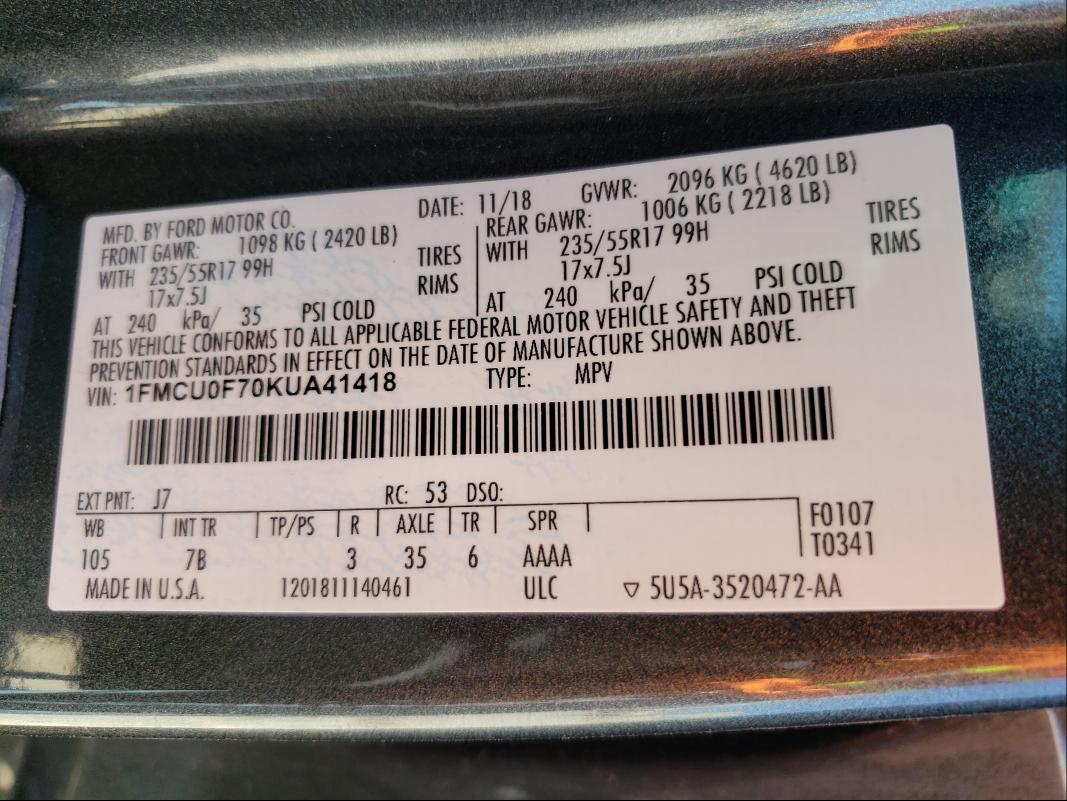 Photo 10 from auction – 2019 FORD ESCAPE S with VIN 1FMCU0F70KUA41418
