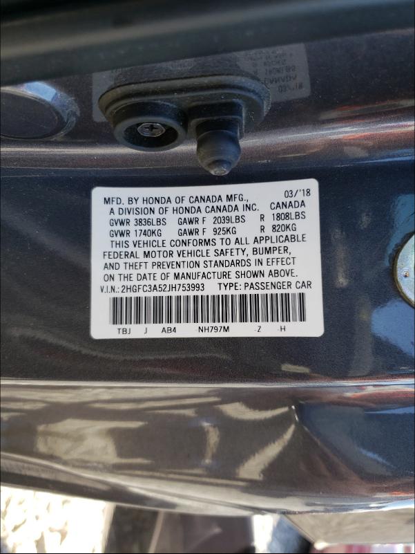 Photo 10 from auction – 2018 HONDA CIVIC SI with VIN 2HGFC3A52JH753993