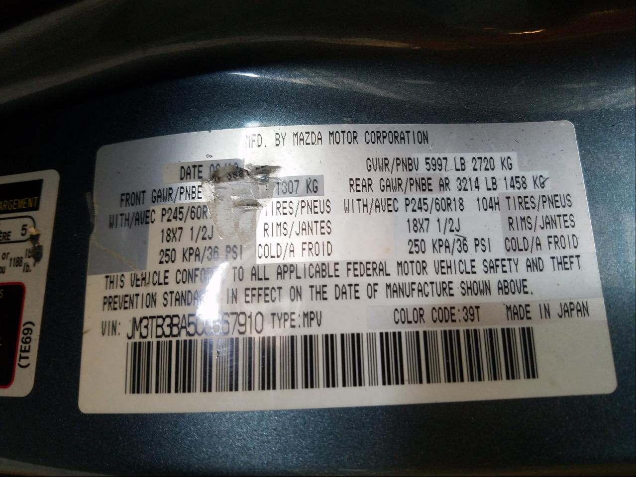 Photo 10 from auction – 2012 MAZDA CX-9 with VIN JM3TB3BA5C0367910