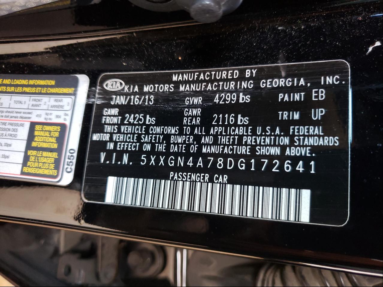 Photo 10 from auction – 2013 KIA OPTIMA EX with VIN 5XXGN4A78DG172641
