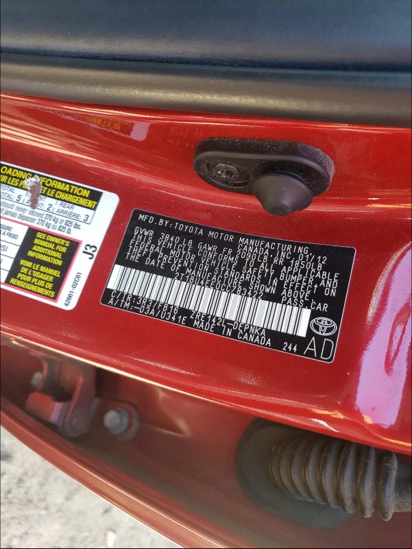 Photo 10 from auction – 2012 TOYOTA COROLLA BA with VIN 2T1BU4EE0CC783422