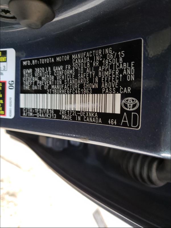 Photo 10 from auction – 2015 TOYOTA COROLLA L with VIN 2T1BURHE6FC461963