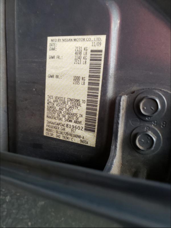 Photo 10 from auction – 2010 NISSAN MAXIMA S with VIN 1N4AA5AP1AC819602