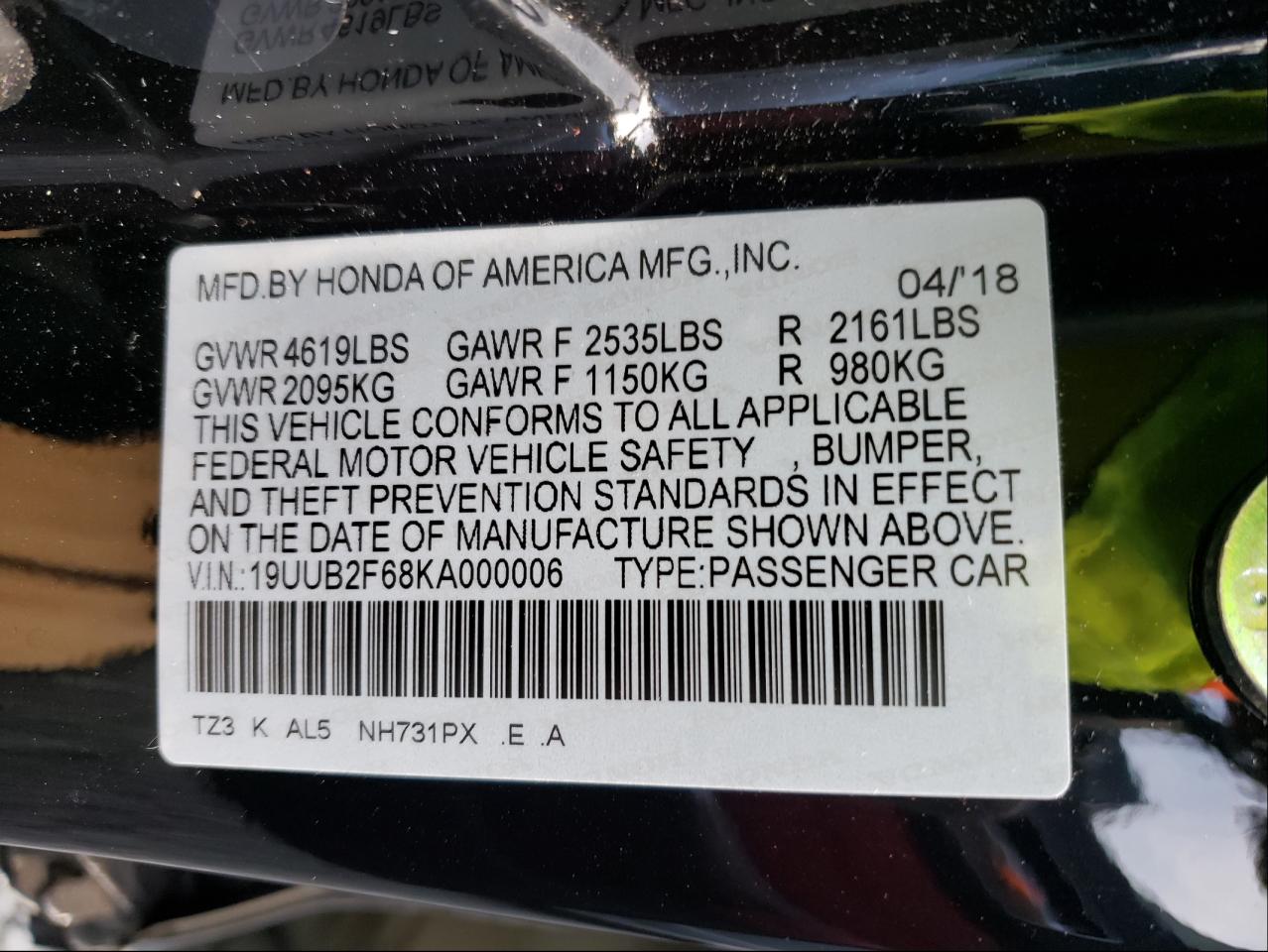 Photo 10 from auction – 2019 ACURA TLX TECHNO with VIN 19UUB2F68KA000006