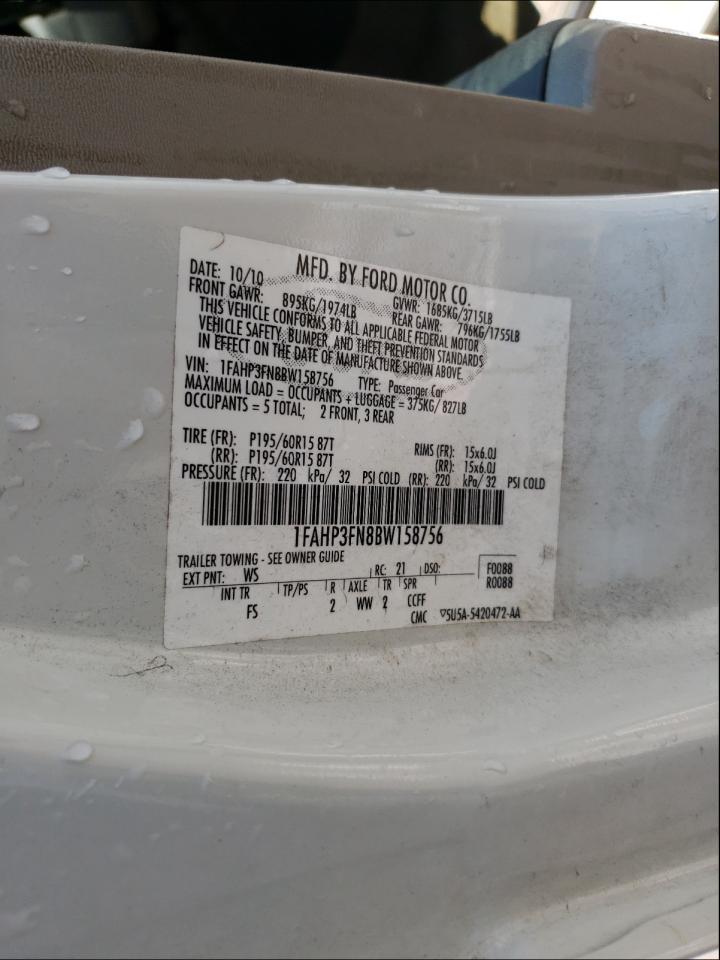 Photo 10 from auction – 2011 FORD FOCUS SE with VIN 1FAHP3FN8BW158756