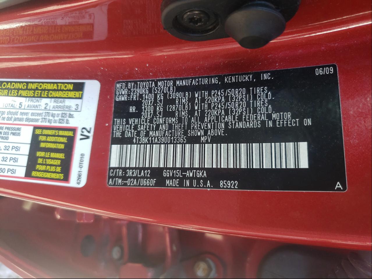 Photo 10 from auction – 2009 TOYOTA VENZA with VIN 4T3BK11A39U013365