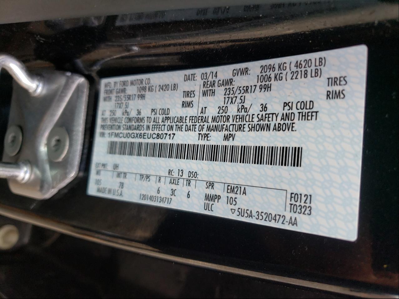 Photo 10 from auction – 2014 FORD ESCAPE SE with VIN 1FMCU0GX6EUC80717