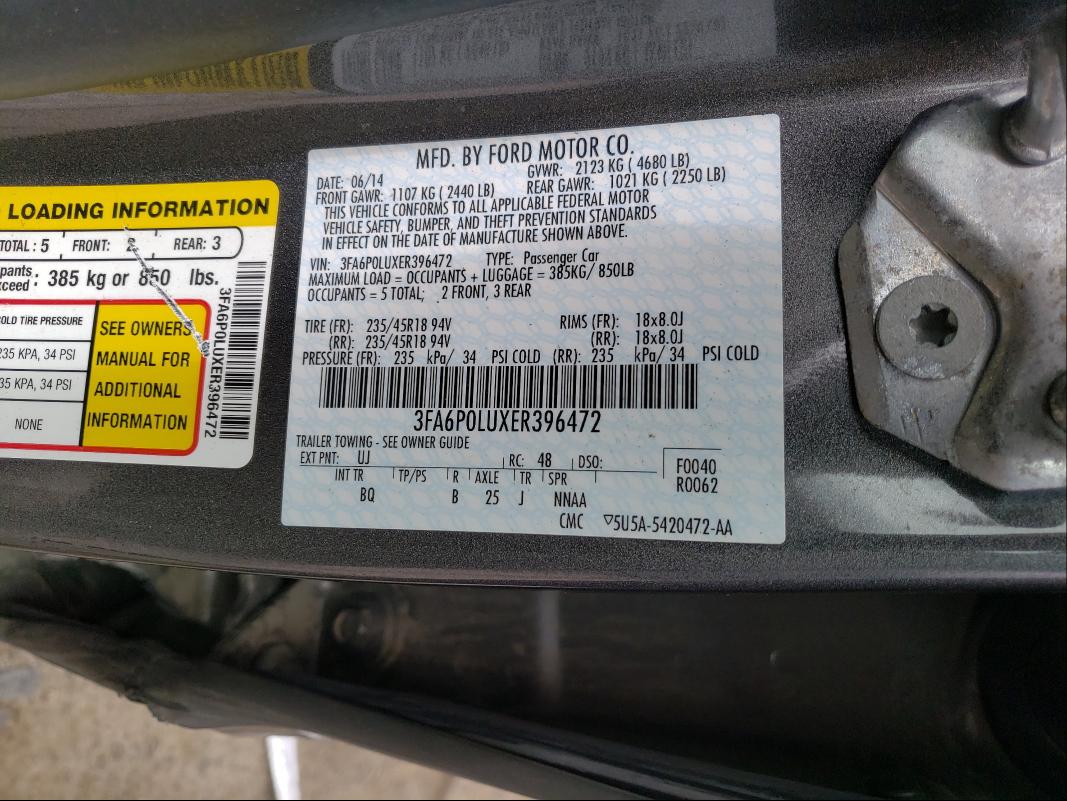 Photo 10 from auction – 2014 FORD FUSION SE with VIN 3FA6P0LUXER396472