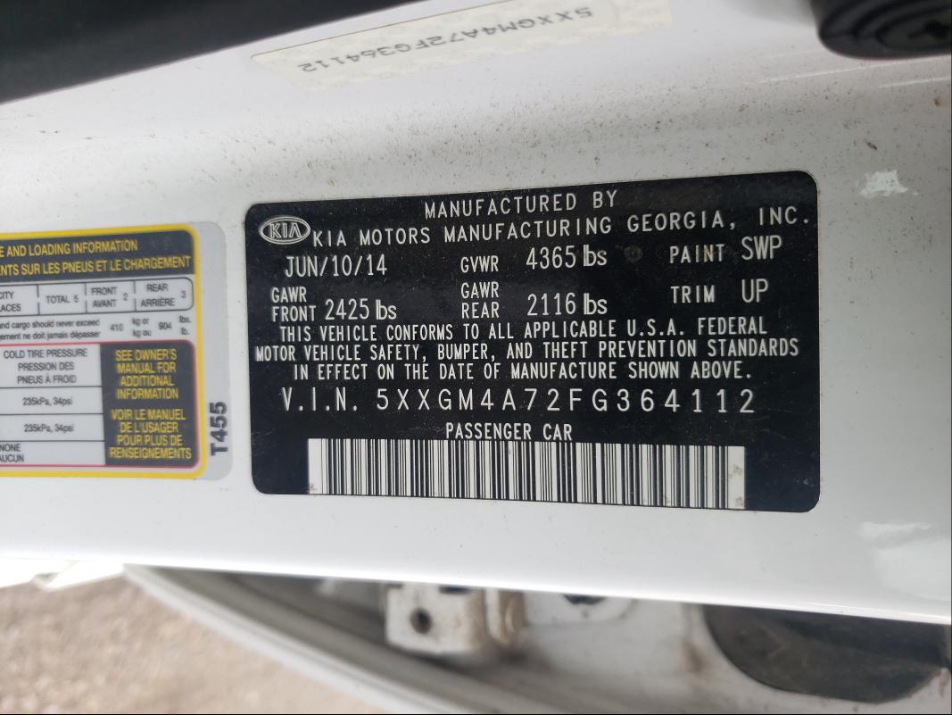 Photo 10 from auction – 2015 KIA OPTIMA with VIN 5XXGM4A72FG364112