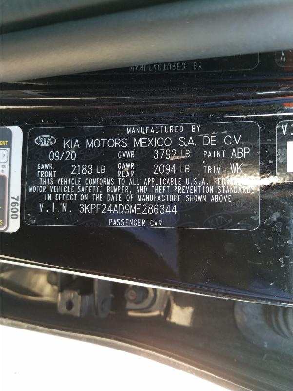 Photo 10 from auction – 2021 KIA FORTE FE with VIN 3KPF24AD9ME286344