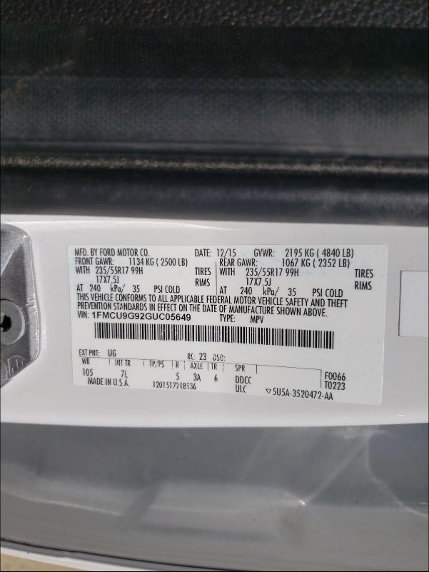 Photo 10 from auction – 2016 FORD ESCAPE SE with VIN 1FMCU9G92GUC05649