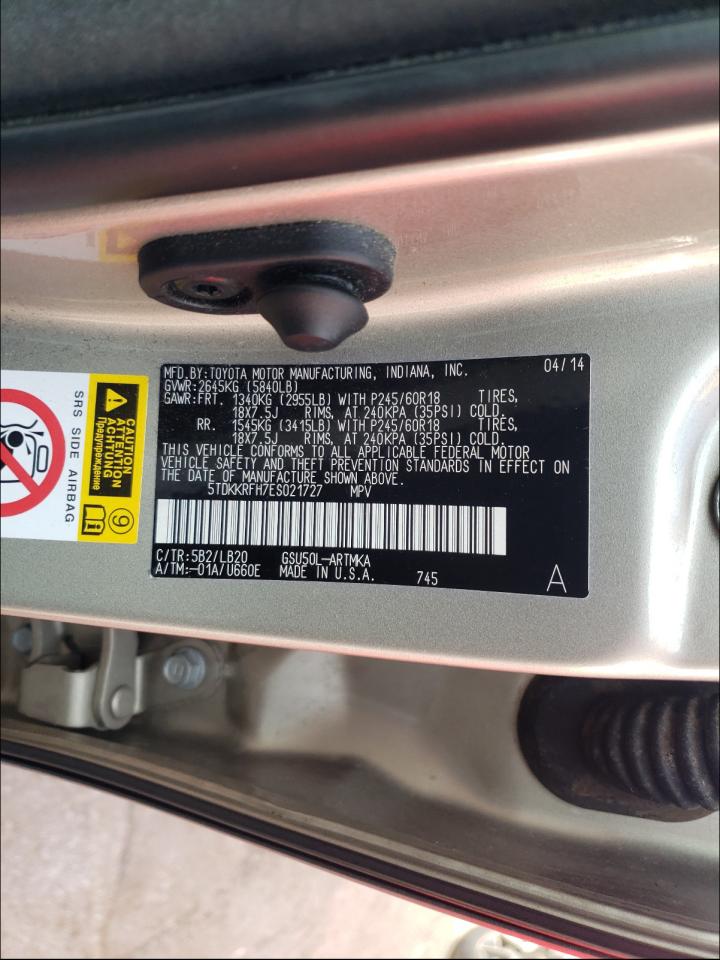 Photo 10 from auction – 2014 TOYOTA HIGHLANDER with VIN 5TDKKRFH7ES021727
