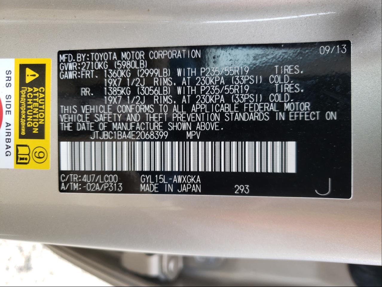 Photo 10 from auction – 2014 LEXUS RX 450 with VIN JTJBC1BA4E2068399
