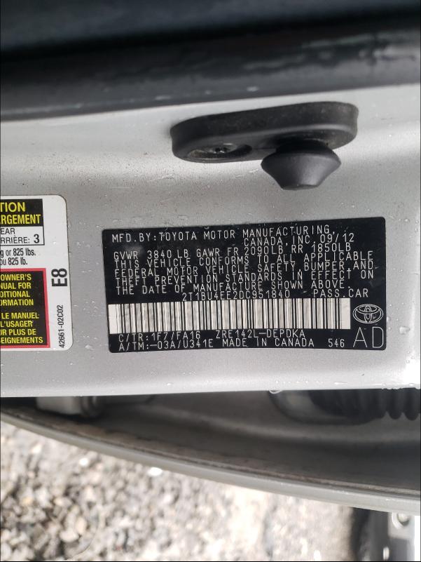 Photo 10 from auction – 2013 TOYOTA COROLLA BA with VIN 2T1BU4EE2DC951840